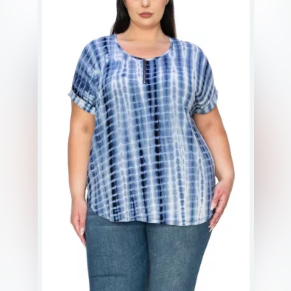 COIN 1804.  Elegant Blue Women's Tie dye Blouse with Zipper Detail